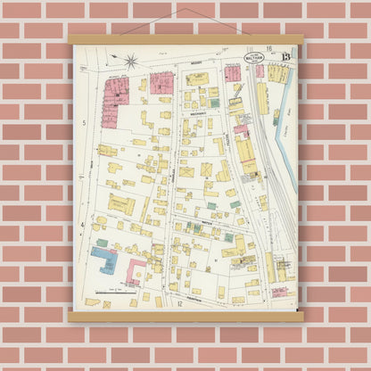 Old map wall art mockup — magnetic wood frame on brick wall — Sanborn Fire Insurance Map from Waltham, Middlesex County, Massachusetts (1903), Sheet #0013