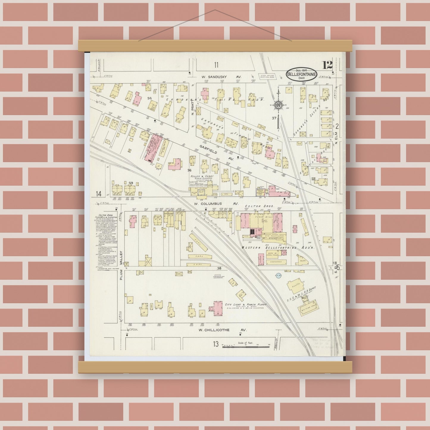Old map wall art mockup — magnetic wood frame on brick wall — Sanborn Fire Insurance Map from Bellefontaine, Logan County, Ohio (1914), Sheet #0012