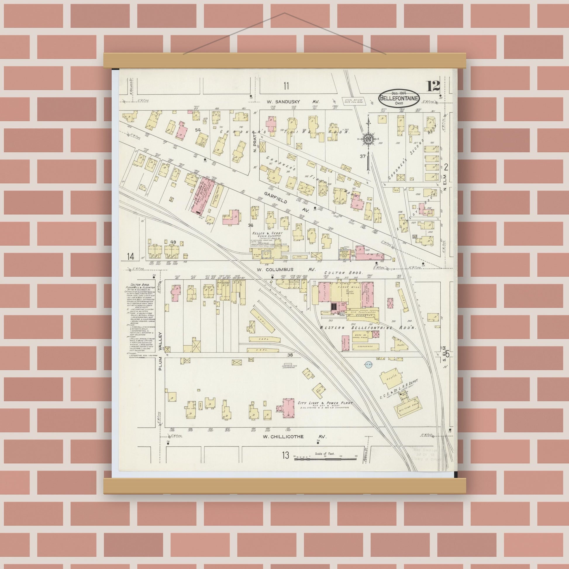 Old map wall art mockup — magnetic wood frame on brick wall — Sanborn Fire Insurance Map from Bellefontaine, Logan County, Ohio (1914), Sheet #0012