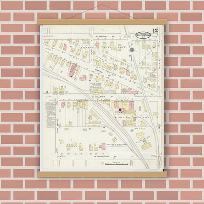 Old map wall art mockup — magnetic wood frame on brick wall — Sanborn Fire Insurance Map from Bellefontaine, Logan County, Ohio (1914), Sheet #0012