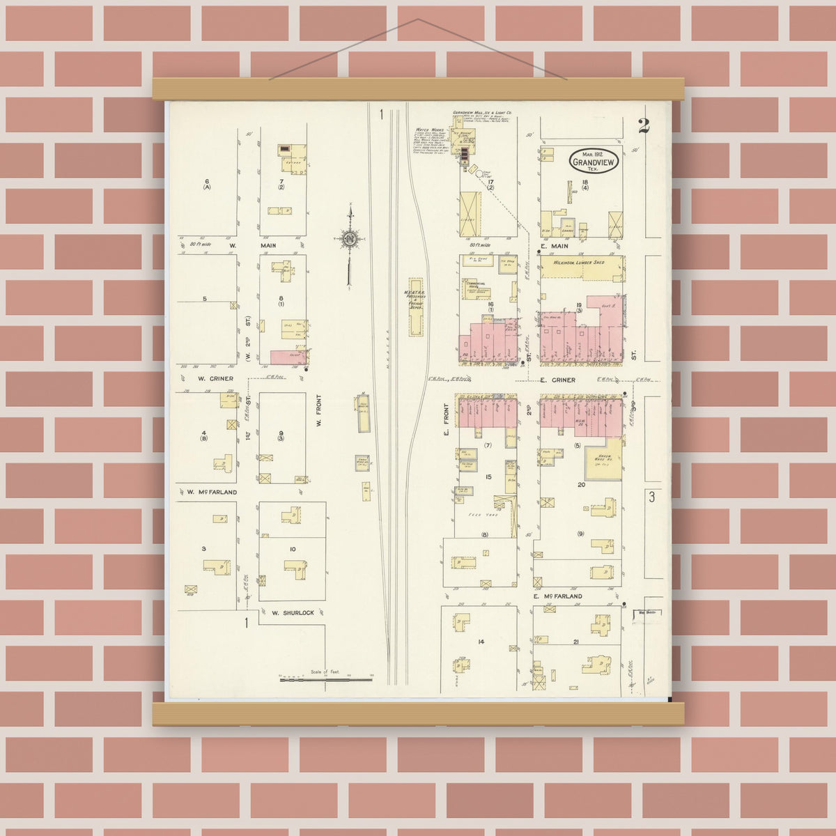 Old map wall art mockup — magnetic wood frame on brick wall — Sanborn Fire Insurance Map from Grandview, Johnson County, Texas (1912), Sheet #0002
