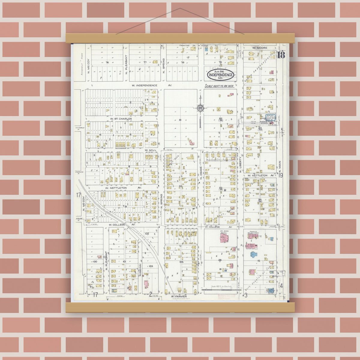 Old map wall art mockup — magnetic wood frame on brick wall — Sanborn Fire Insurance Map from Independence, Jackson County, Missouri (1916), Sheet #0018