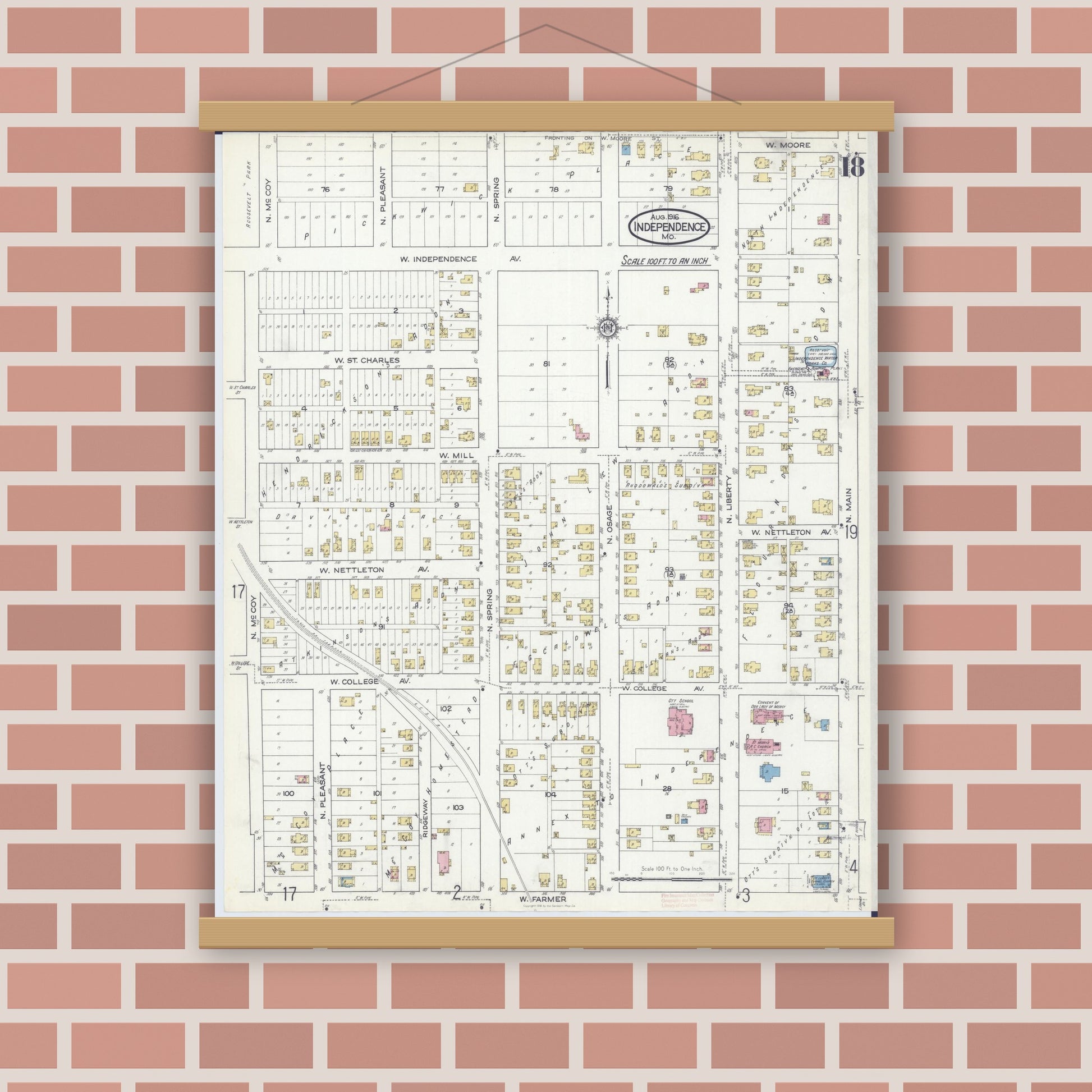 Old map wall art mockup — magnetic wood frame on brick wall — Sanborn Fire Insurance Map from Independence, Jackson County, Missouri (1916), Sheet #0018