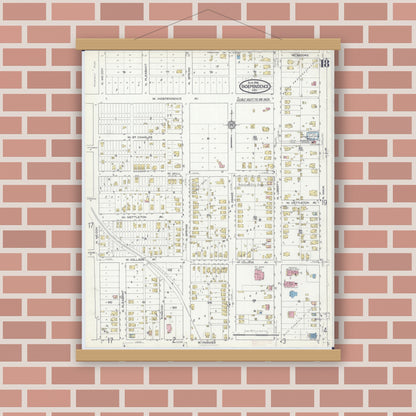 Old map wall art mockup — magnetic wood frame on brick wall — Sanborn Fire Insurance Map from Independence, Jackson County, Missouri (1916), Sheet #0018