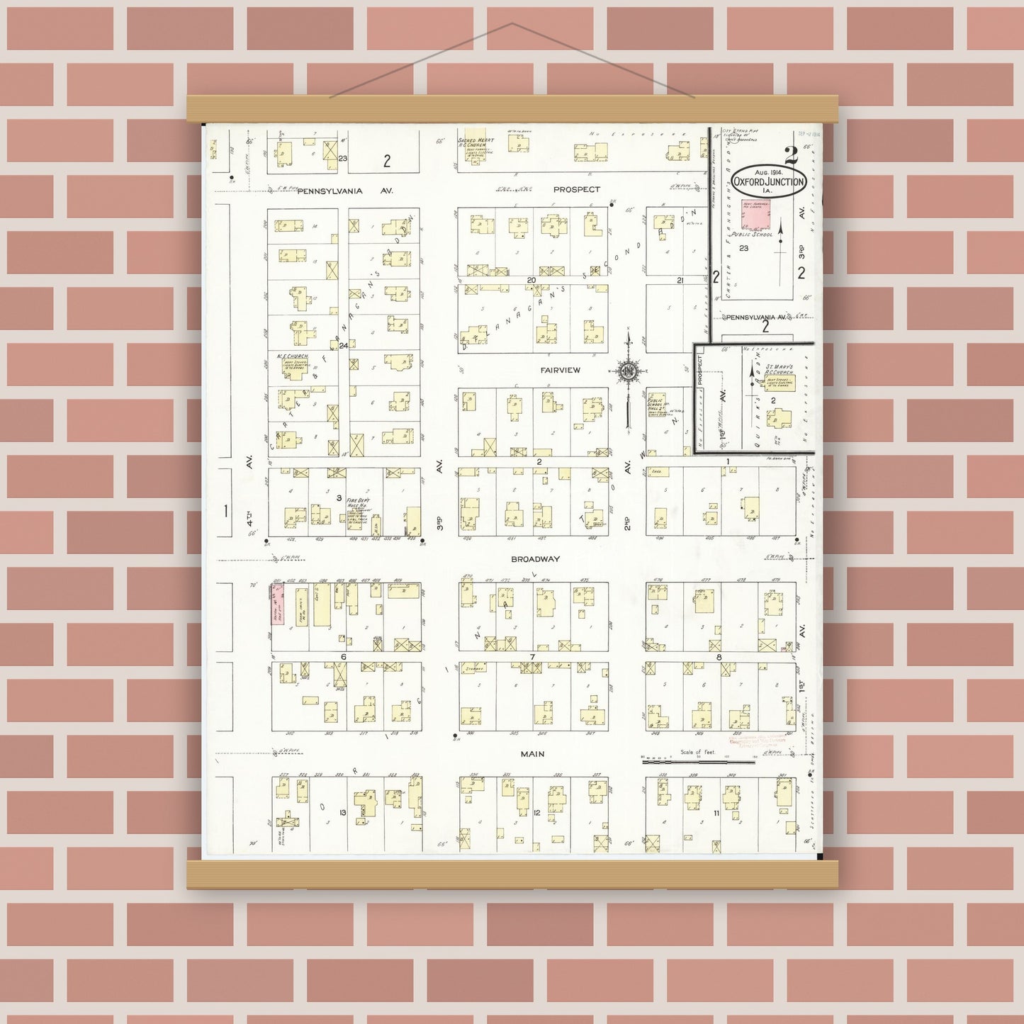 Old map wall art mockup — magnetic wood frame on brick wall — Sanborn Fire Insurance Map from Oxford Junction, Jones County, Iowa (1914), Sheet #0002
