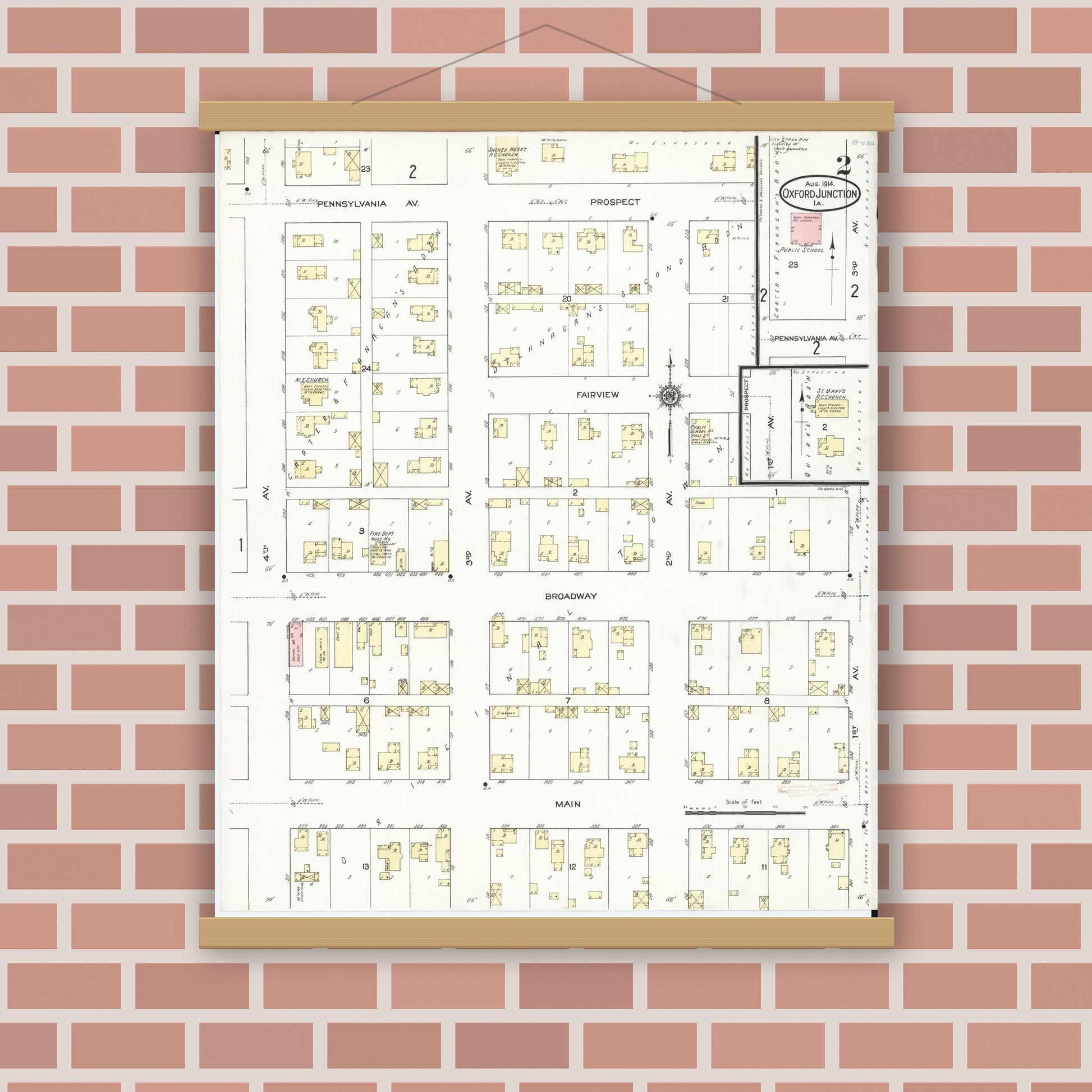 Old map wall art mockup — magnetic wood frame on brick wall — Sanborn Fire Insurance Map from Oxford Junction, Jones County, Iowa (1914), Sheet #0002