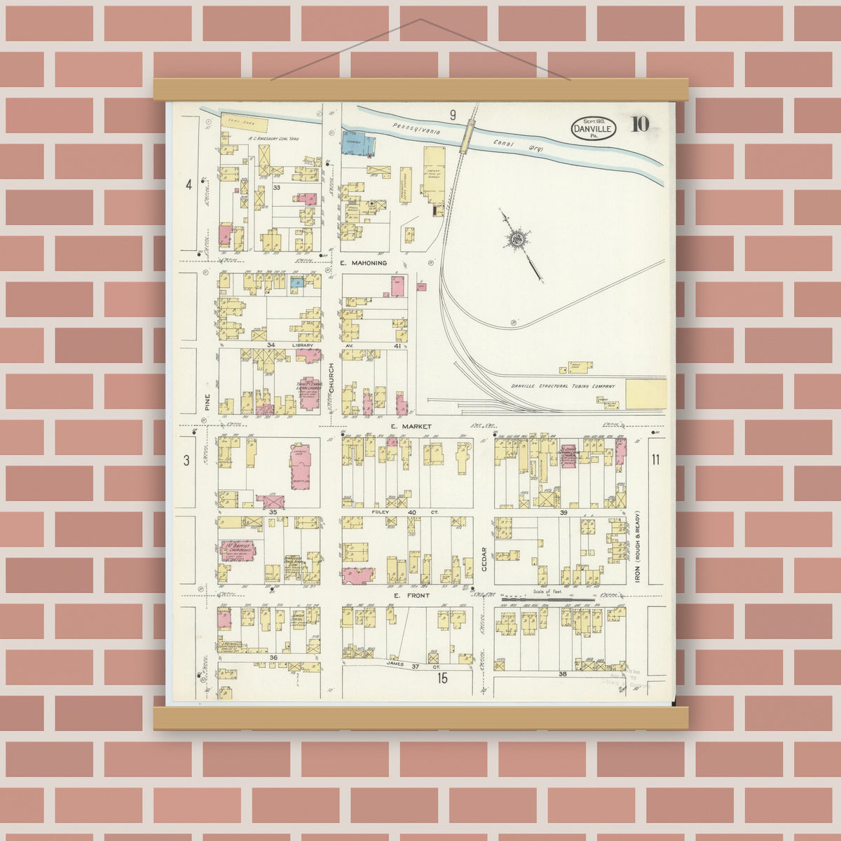 Old map wall art mockup — magnetic wood frame on brick wall — Sanborn Fire Insurance Map from Danville, Montour County, Pennsylvania (1913), Sheet #0010