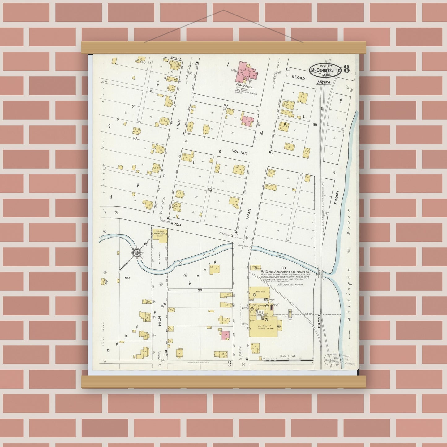 Old map wall art mockup — magnetic wood frame on brick wall — Sanborn Fire Insurance Map from McConnelsville, Morgan County, Ohio (1917), Sheet #0008