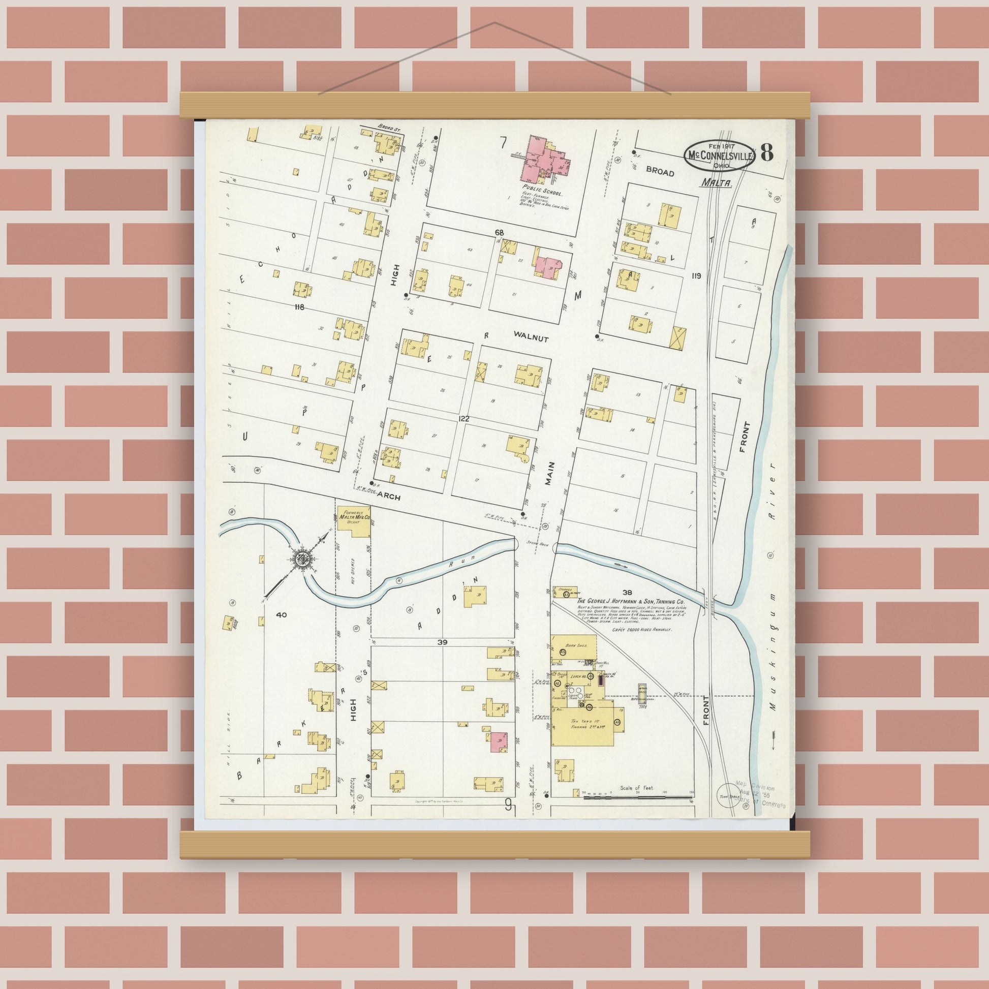 Old map wall art mockup — magnetic wood frame on brick wall — Sanborn Fire Insurance Map from McConnelsville, Morgan County, Ohio (1917), Sheet #0008