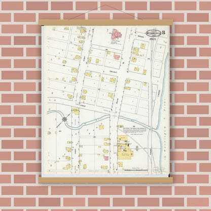 Old map wall art mockup — magnetic wood frame on brick wall — Sanborn Fire Insurance Map from McConnelsville, Morgan County, Ohio (1917), Sheet #0008