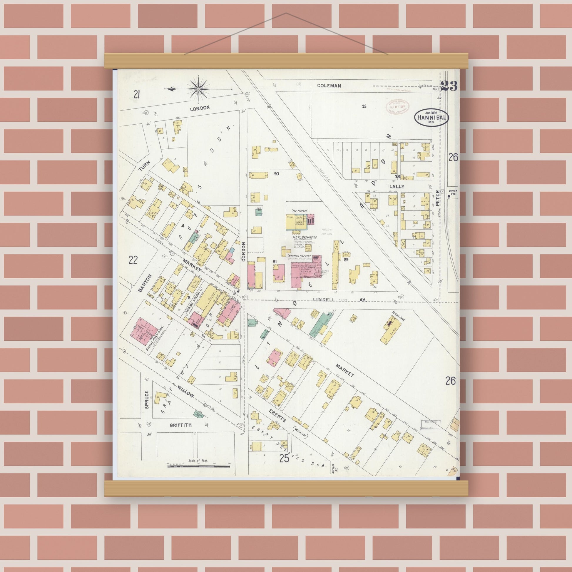 Old map wall art mockup — magnetic wood frame on brick wall — Sanborn Fire Insurance Map from Hannibal, Marion County, Missouri (1899), Sheet #0023