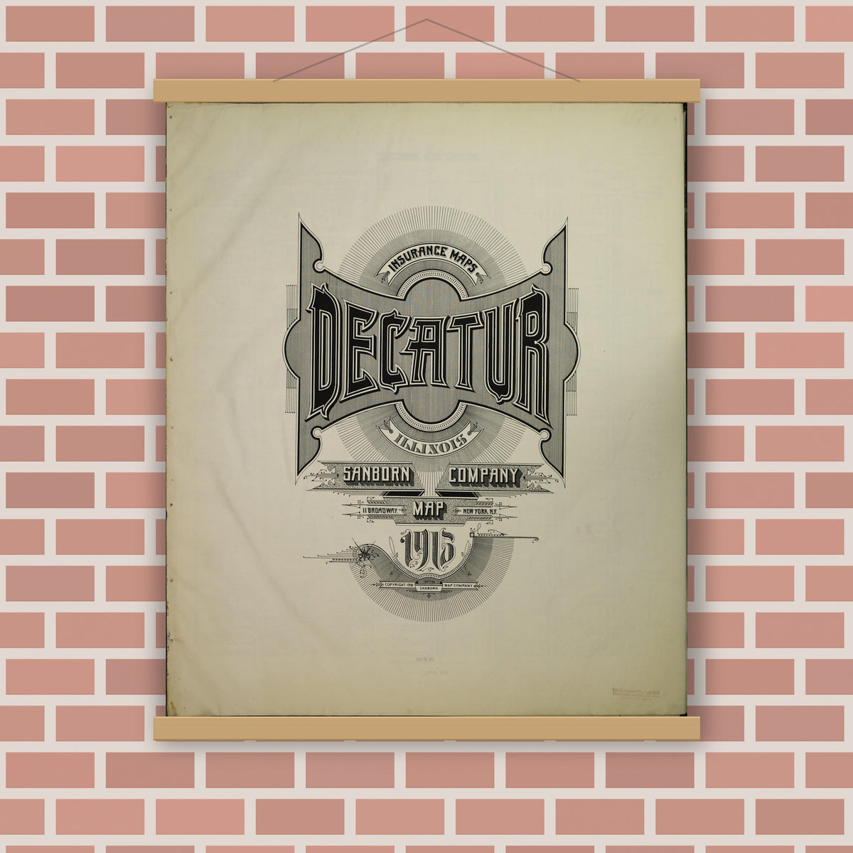 Old map wall art mockup — magnetic wood frame on brick wall — Sanborn Fire Insurance Map from Decatur, Macon County, Illinois (1916), Sheet #0001