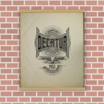 Old map wall art mockup — magnetic wood frame on brick wall — Sanborn Fire Insurance Map from Decatur, Macon County, Illinois (1916), Sheet #0001