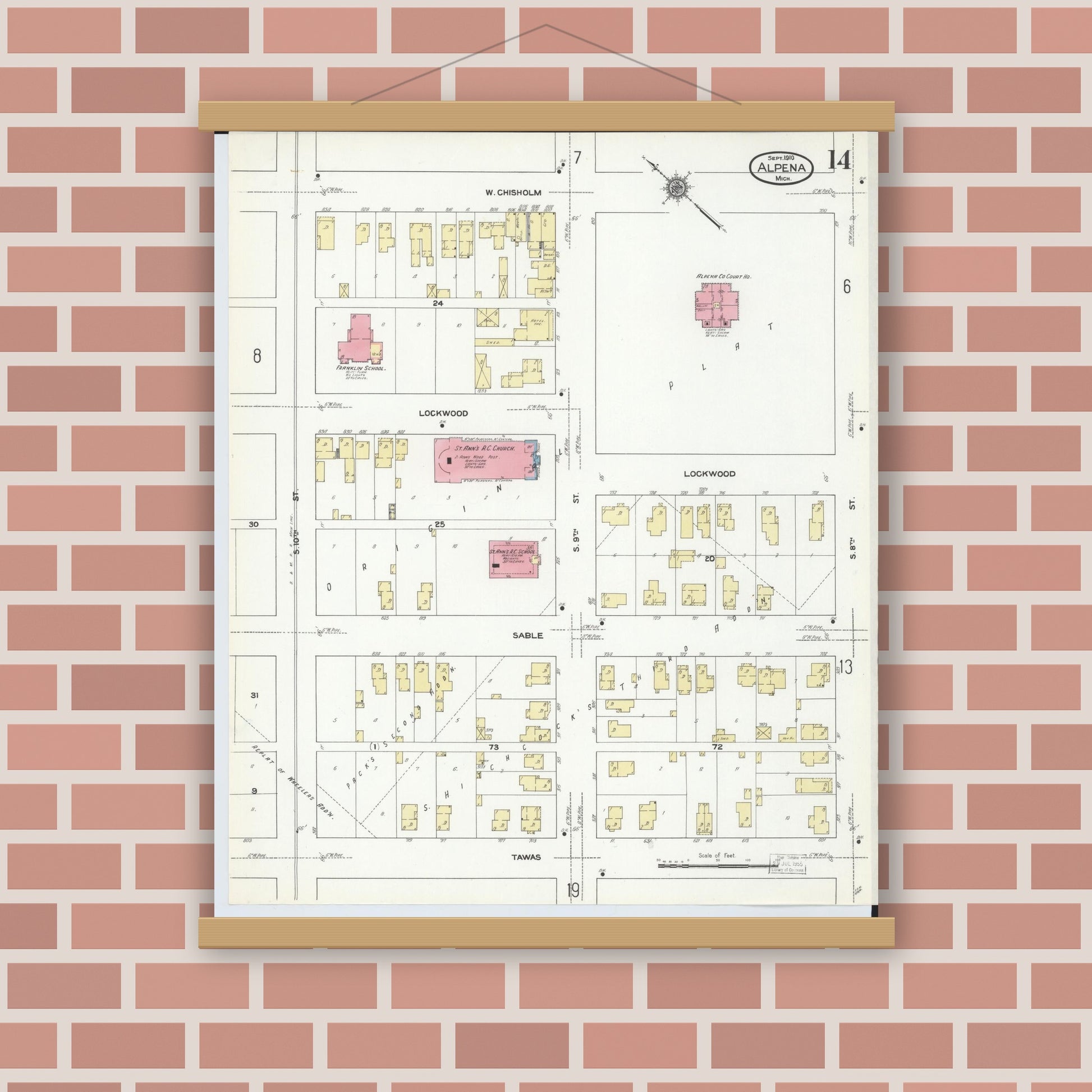 Old map wall art mockup — magnetic wood frame on brick wall — Sanborn Fire Insurance Map from Alpena, Alpena County, Michigan (1910), Sheet #0014