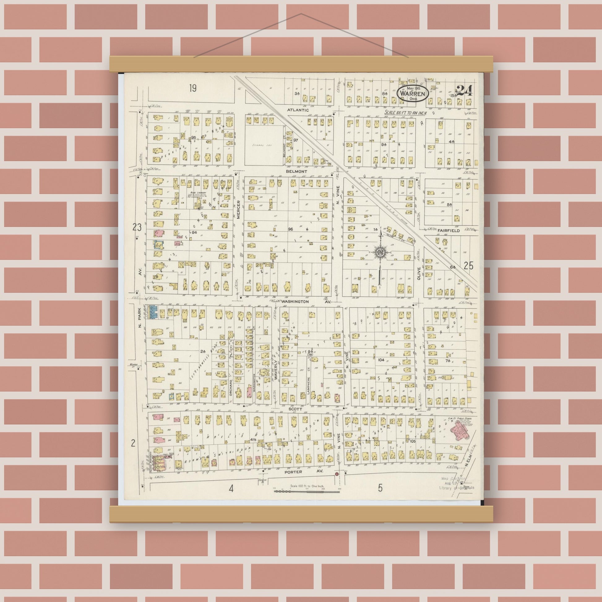 Old map wall art mockup — magnetic wood frame on brick wall — Sanborn Fire Insurance Map from Warren, Trumbull County, Ohio (1915), Sheet #0024