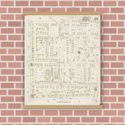 Old map wall art mockup — magnetic wood frame on brick wall — Sanborn Fire Insurance Map from Warren, Trumbull County, Ohio (1915), Sheet #0024