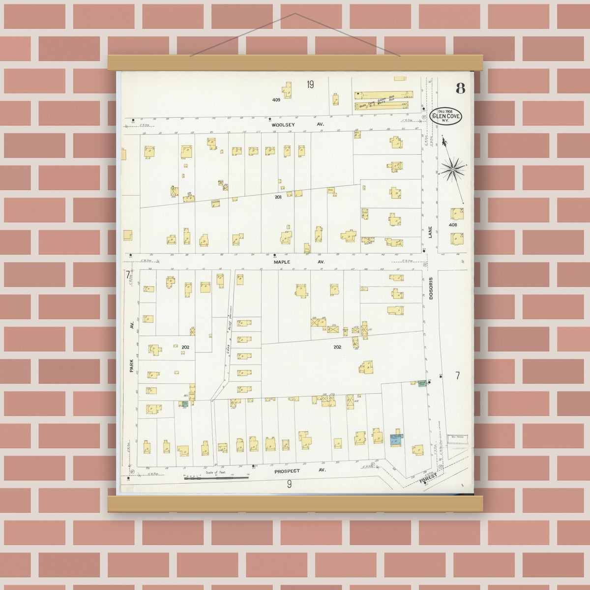 Old map wall art mockup — magnetic wood frame on brick wall — Sanborn Fire Insurance Map from Glen Cove, Nassau County, New York (1908), Sheet #0008