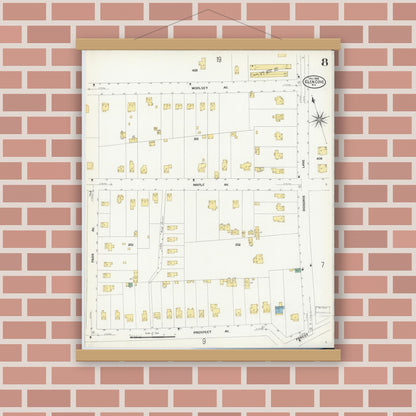 Old map wall art mockup — magnetic wood frame on brick wall — Sanborn Fire Insurance Map from Glen Cove, Nassau County, New York (1908), Sheet #0008