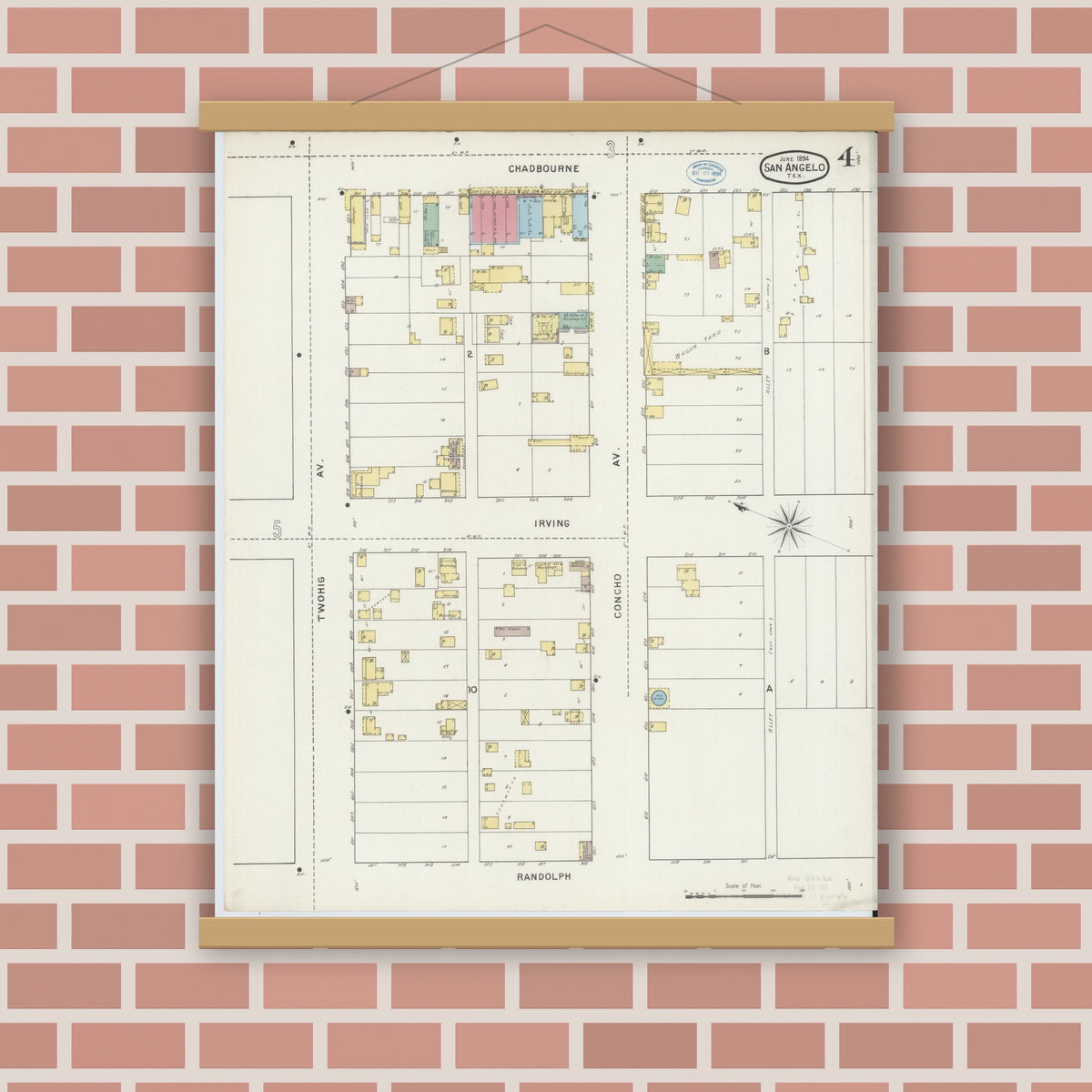 Old map wall art mockup — magnetic wood frame on brick wall — Sanborn Fire Insurance Map from San Angelo, Tom Green County, Texas (1894), Sheet #0004