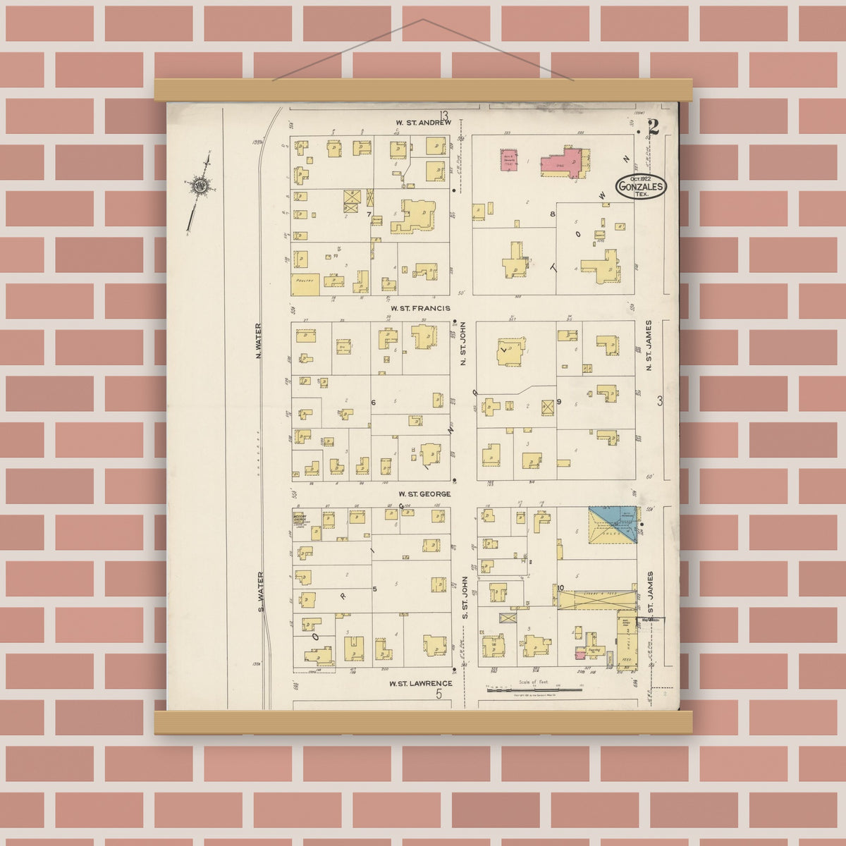 Old map wall art mockup — magnetic wood frame on brick wall — Sanborn Fire Insurance Map from Gonzales, Gonzales County, Texas (1922), Sheet #0002