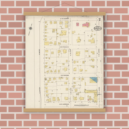 Old map wall art mockup — magnetic wood frame on brick wall — Sanborn Fire Insurance Map from Gonzales, Gonzales County, Texas (1922), Sheet #0002