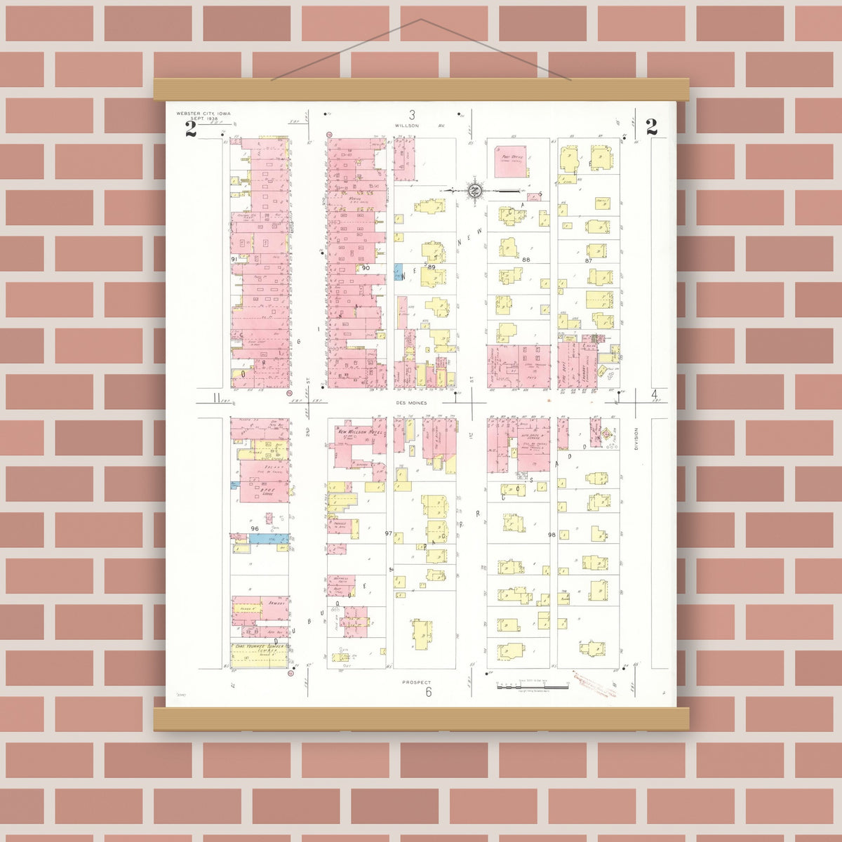 Old map wall art mockup — magnetic wood frame on brick wall — Sanborn Fire Insurance Map from Webster City, Hamilton County, Iowa (1938), Sheet #0002