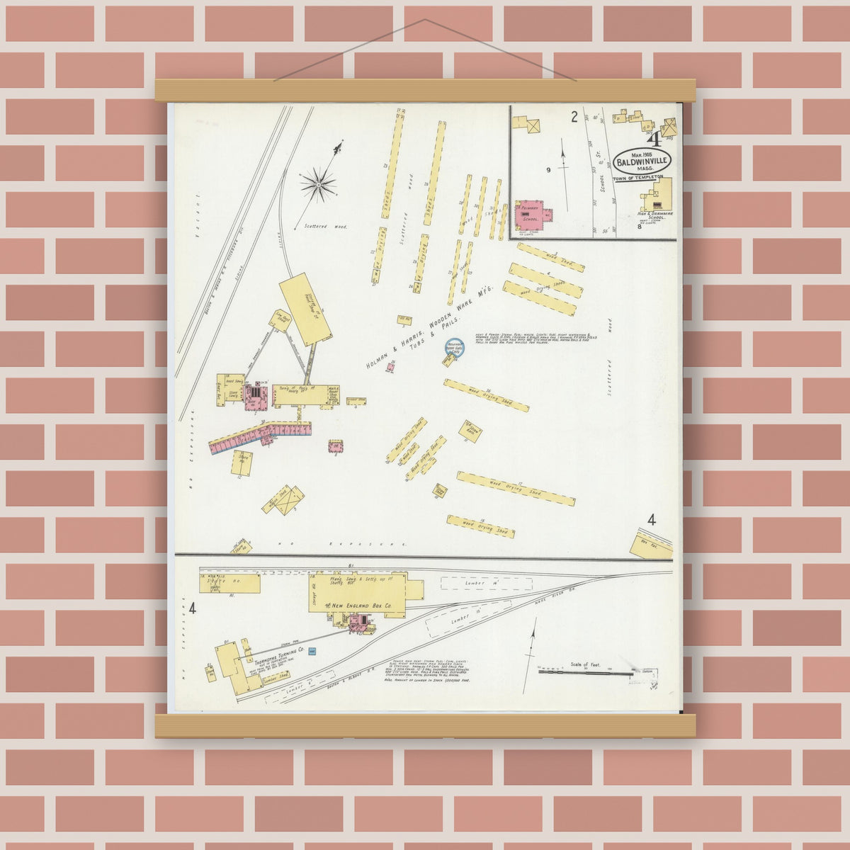Old map wall art mockup — magnetic wood frame on brick wall — Sanborn Fire Insurance Map from Baldwinville, Worcester County, Massachusetts (1905), Sheet #0004