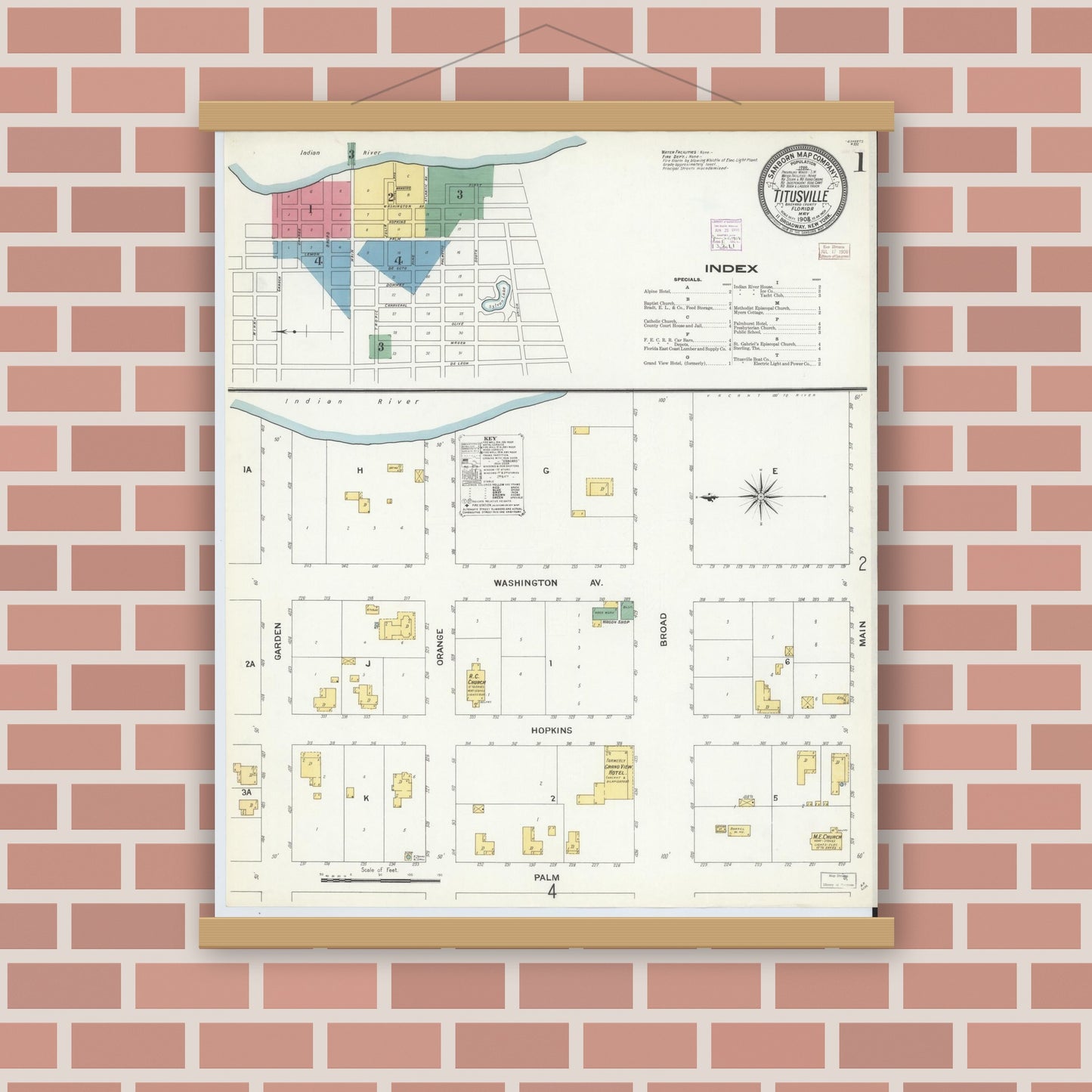 Old map wall art mockup — magnetic wood frame on brick wall — Sanborn Fire Insurance Map from Titusville, Brevard County, Florida (1908) - Complete Map Set