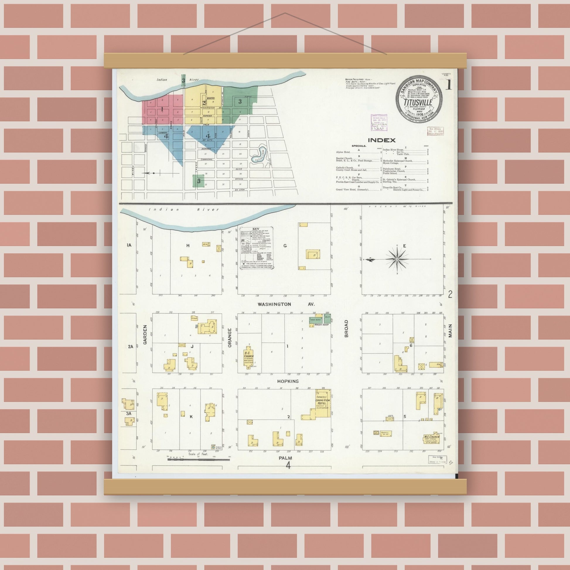 Old map wall art mockup — magnetic wood frame on brick wall — Sanborn Fire Insurance Map from Titusville, Brevard County, Florida (1908) - Complete Map Set