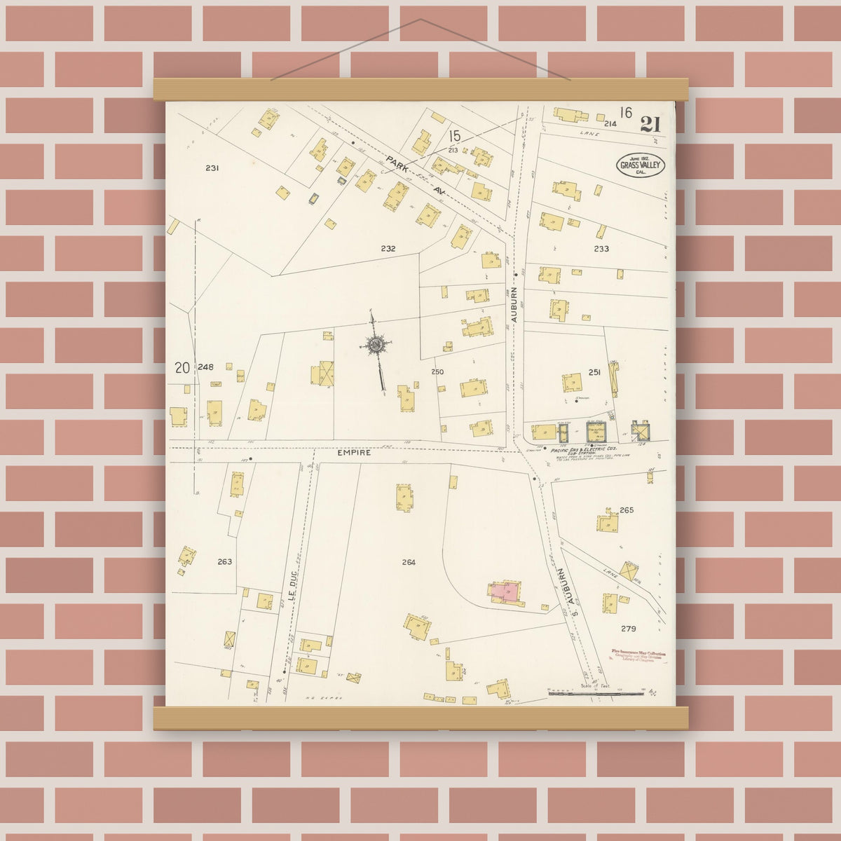 Old map wall art mockup — magnetic wood frame on brick wall — Sanborn Fire Insurance Map from Grass Valley, Nevada County, California (1912), Sheet #0021