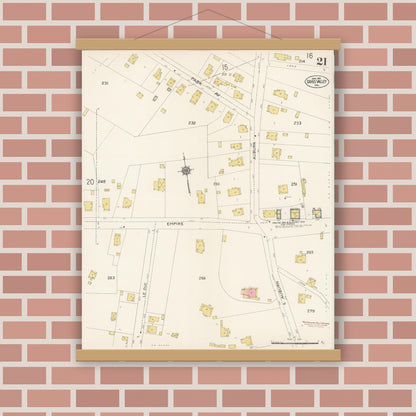 Old map wall art mockup — magnetic wood frame on brick wall — Sanborn Fire Insurance Map from Grass Valley, Nevada County, California (1912), Sheet #0021