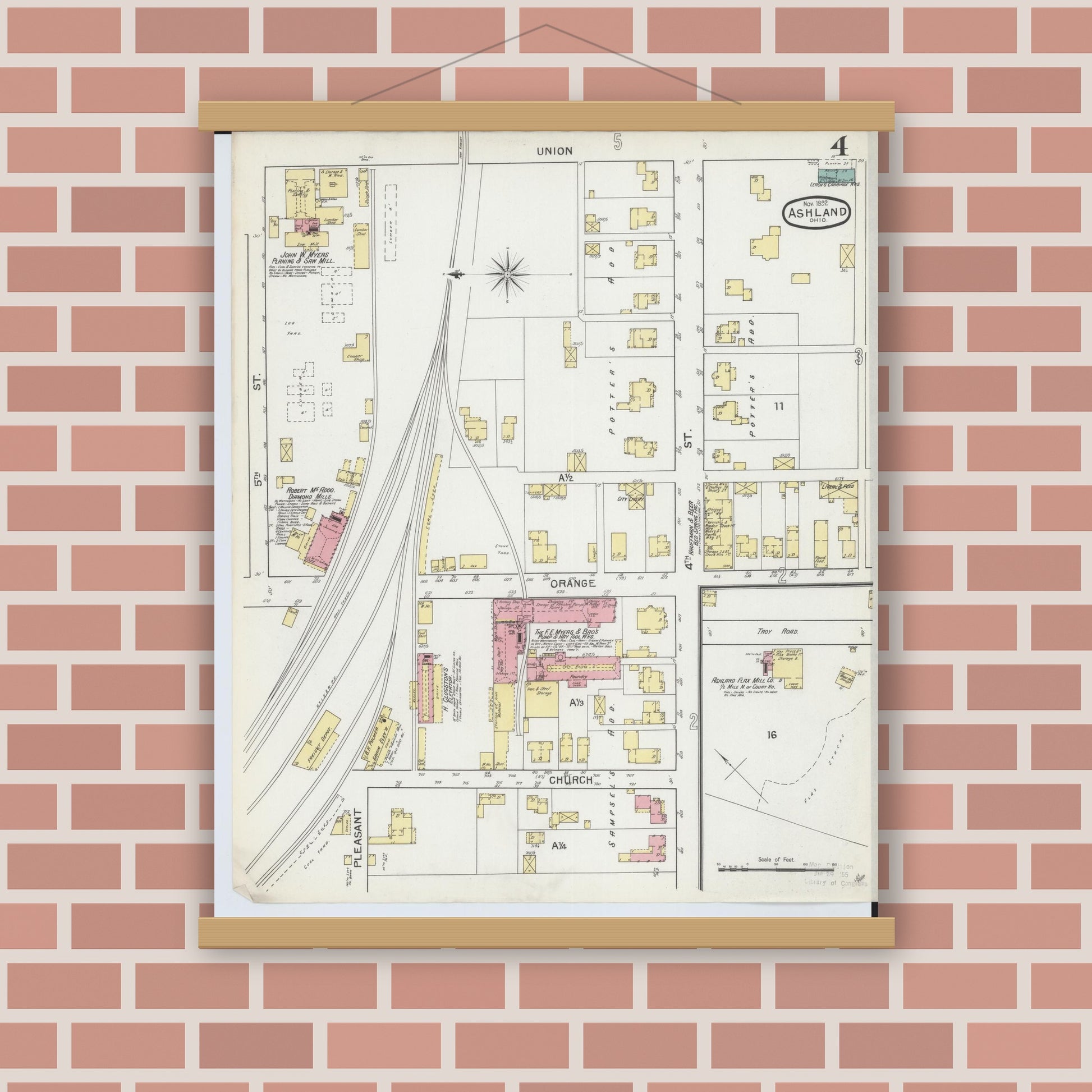 Old map wall art mockup — magnetic wood frame on brick wall — Sanborn Fire Insurance Map from Ashland, Ashland County, Ohio (1893), Sheet #0004