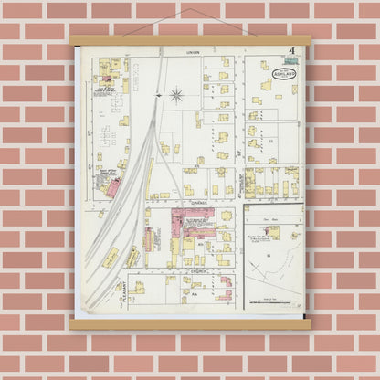 Old map wall art mockup — magnetic wood frame on brick wall — Sanborn Fire Insurance Map from Ashland, Ashland County, Ohio (1893), Sheet #0004