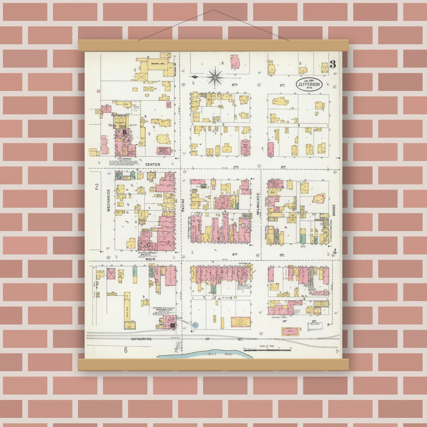 Old map wall art mockup — magnetic wood frame on brick wall — Sanborn Fire Insurance Map from Jefferson, Jefferson County, Wisconsin (1904), Sheet #0003