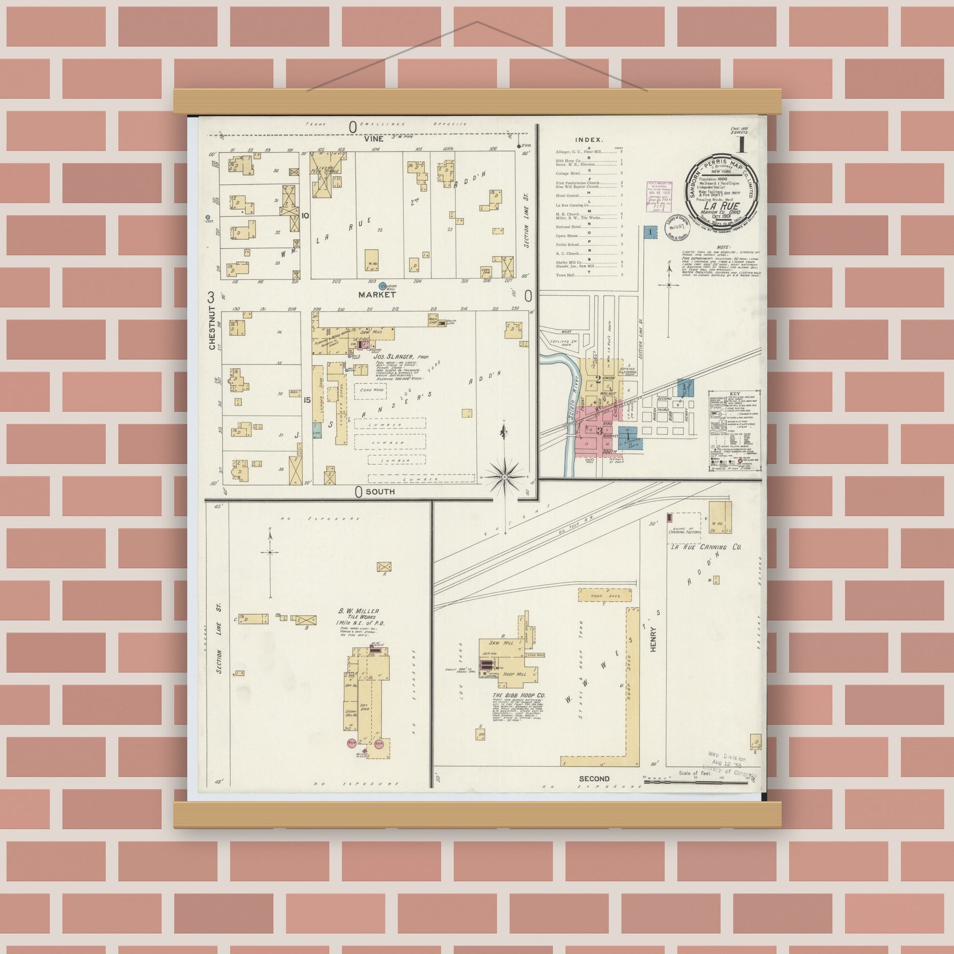 Old map wall art mockup — magnetic wood frame on brick wall — Sanborn Fire Insurance Map from La Rue, Marion County, Ohio (1901) - Complete Map Set