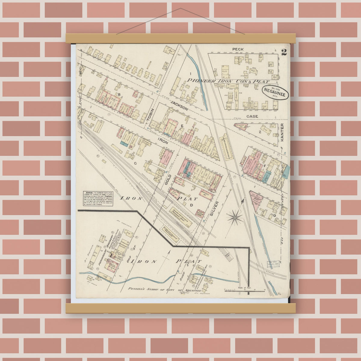 Old map wall art mockup — magnetic wood frame on brick wall — Sanborn Fire Insurance Map from Negaunee, Marquette County, Michigan (1884), Sheet #0002