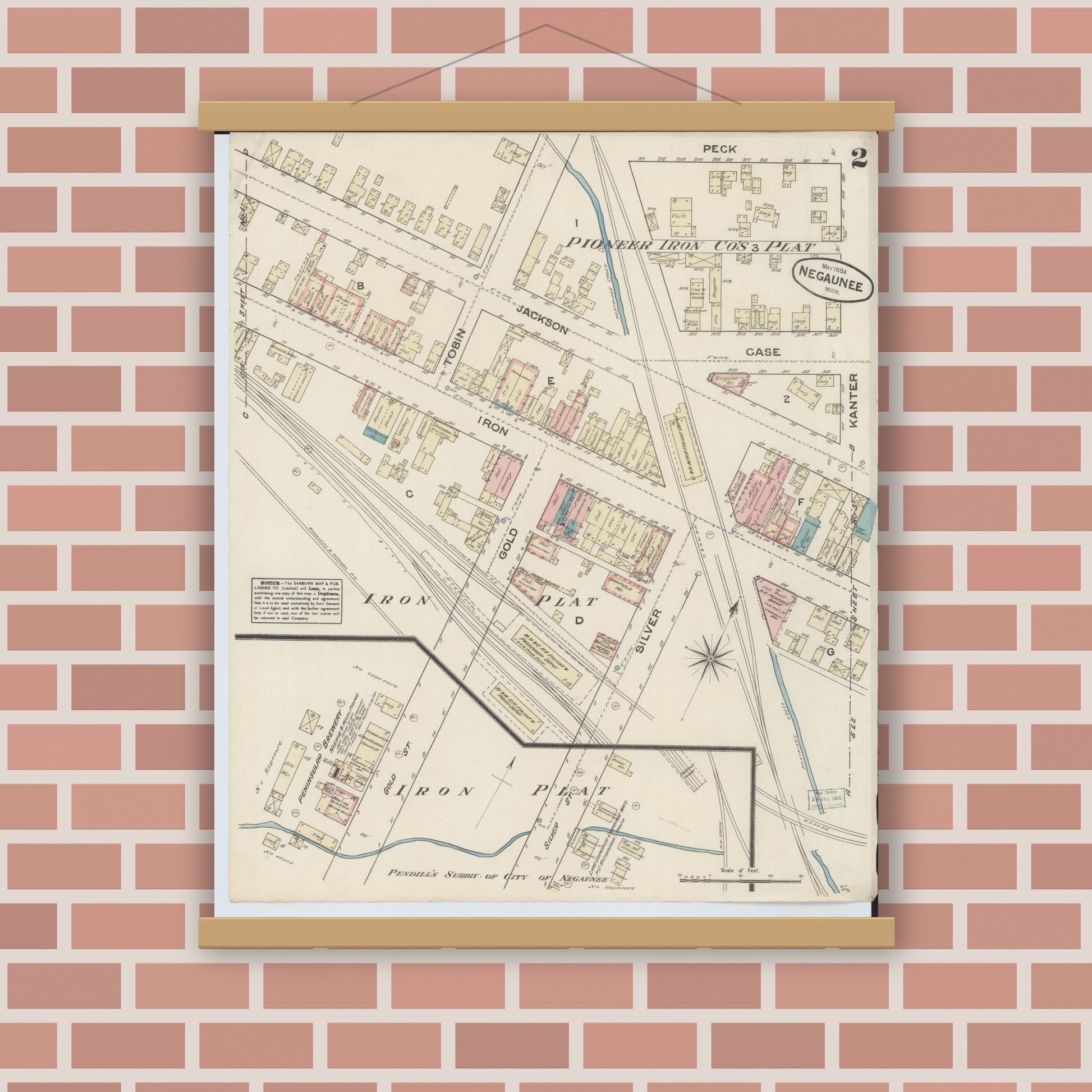 Old map wall art mockup — magnetic wood frame on brick wall — Sanborn Fire Insurance Map from Negaunee, Marquette County, Michigan (1884), Sheet #0002