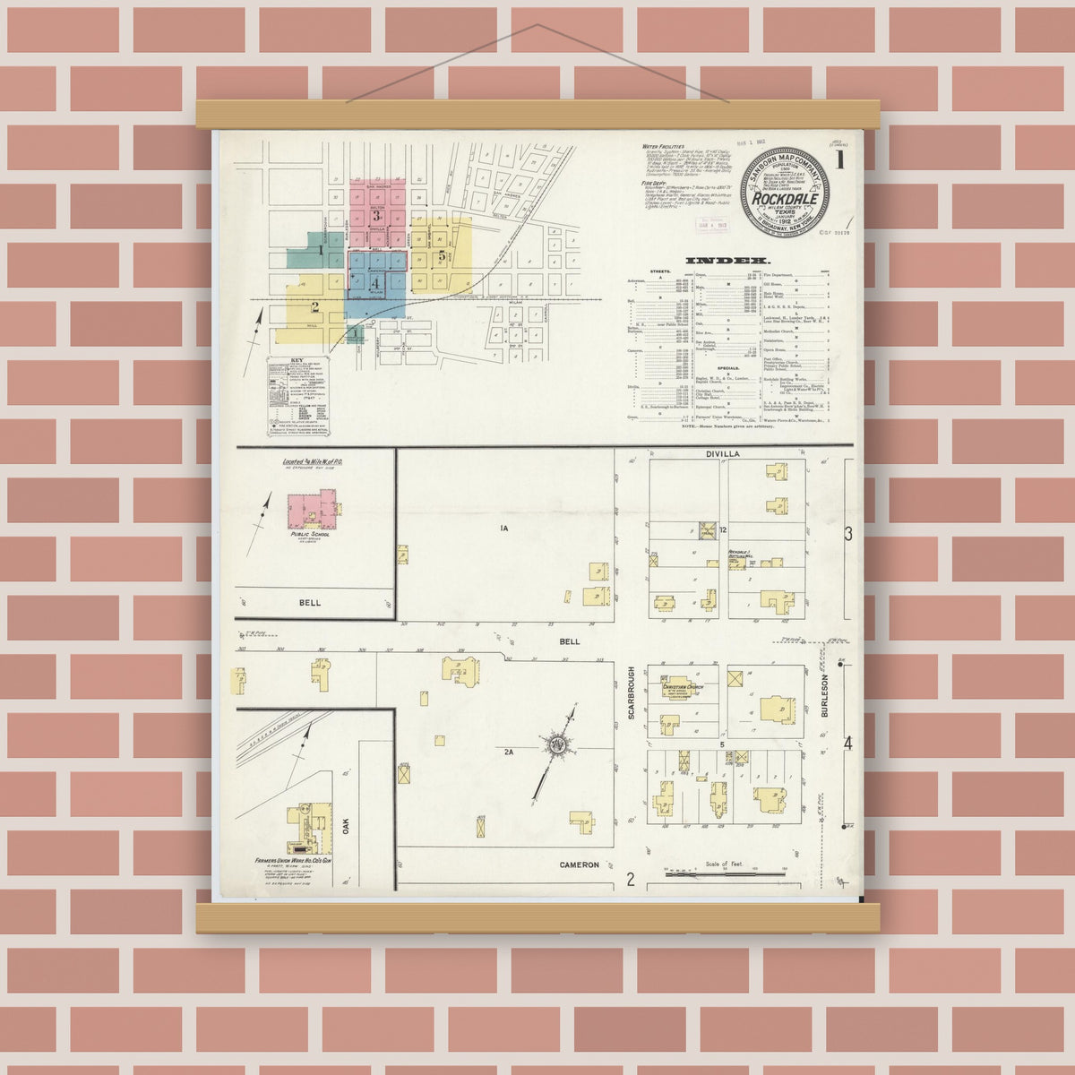 Old map wall art mockup — magnetic wood frame on brick wall — Sanborn Fire Insurance Map from Rockdale, Milam County, Texas (1912) - Complete Map Set