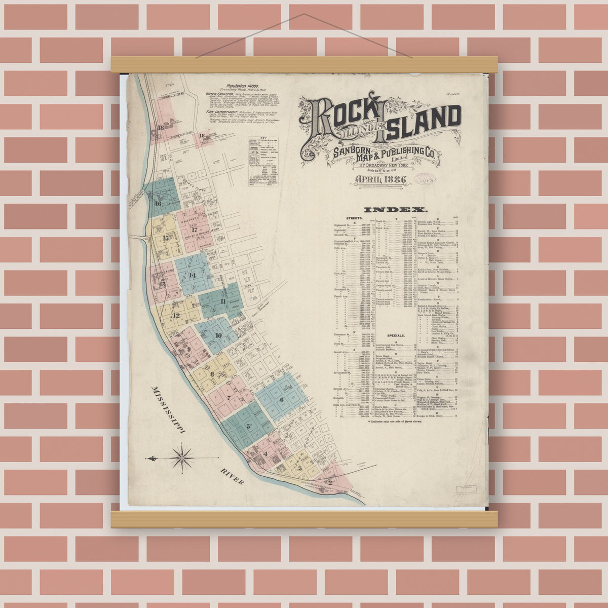 Old map wall art mockup — magnetic wood frame on brick wall — Sanborn Fire Insurance Map from Rock Island, Rock Island County, Illinois (1886), Sheet #0001