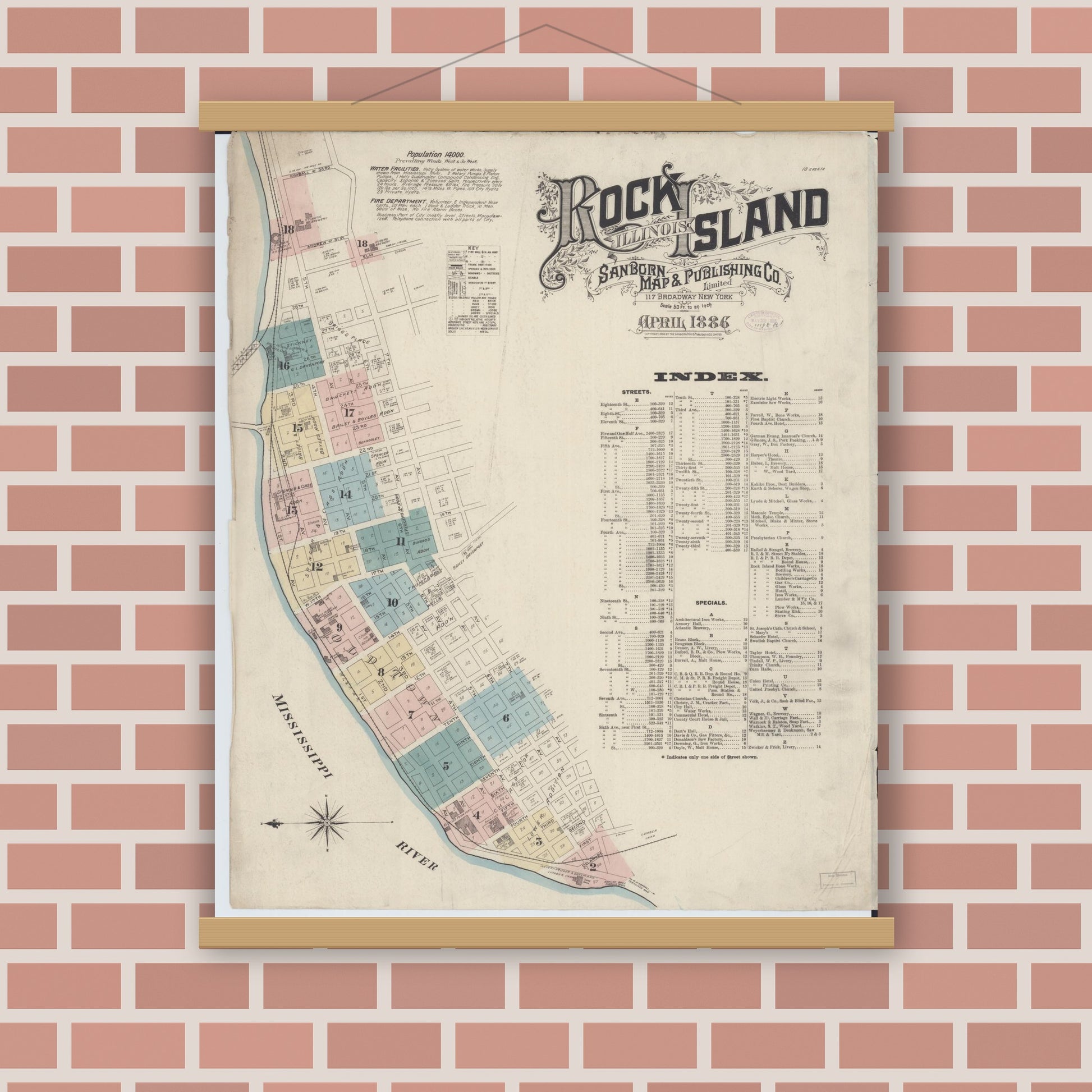 Old map wall art mockup — magnetic wood frame on brick wall — Sanborn Fire Insurance Map from Rock Island, Rock Island County, Illinois (1886), Sheet #0001