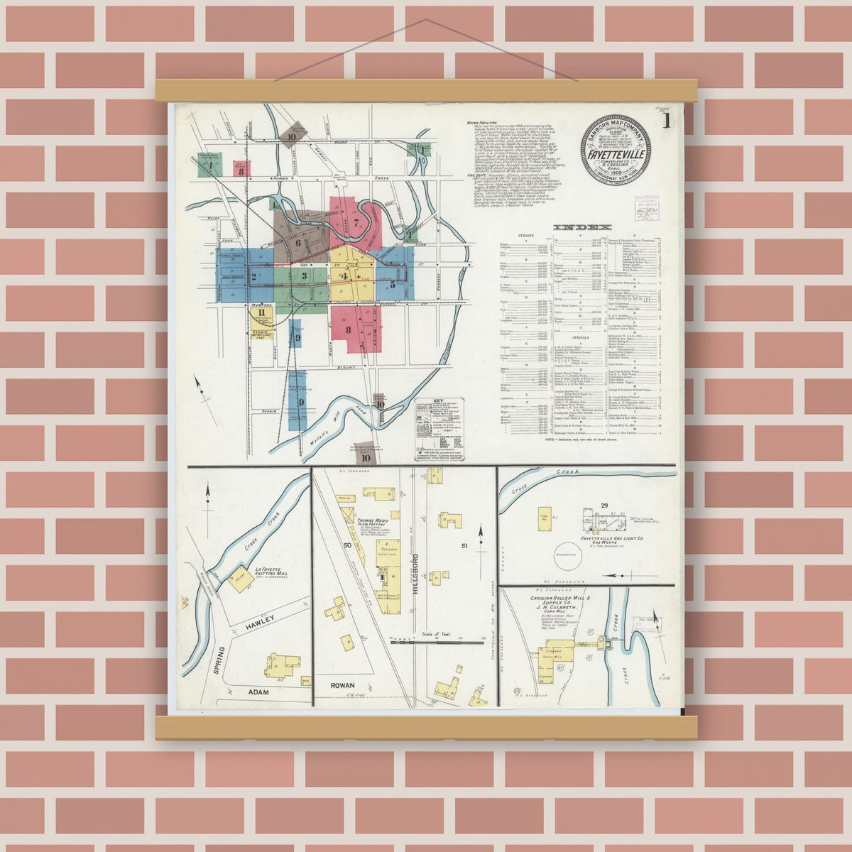 Old map wall art mockup — magnetic wood frame on brick wall — Sanborn Fire Insurance Map from Fayetteville, Cumberland County, North Carolina (1908) - Complete Map Set
