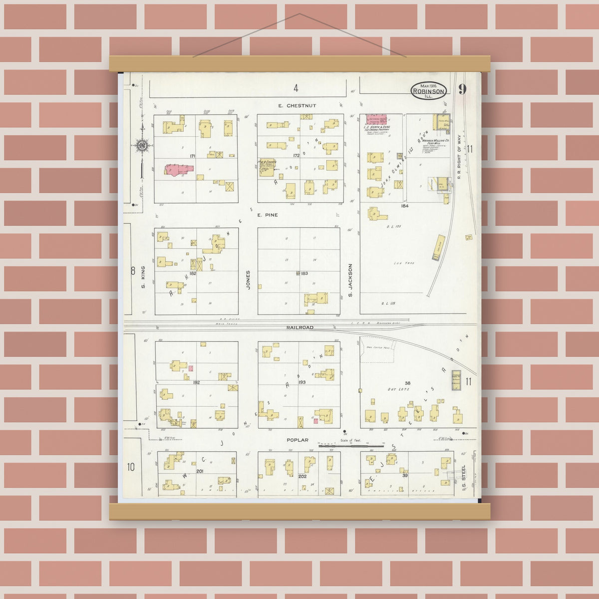 Old map wall art mockup — magnetic wood frame on brick wall — Sanborn Fire Insurance Map from Robinson, Crawford County, Illinois (1916), Sheet #0009