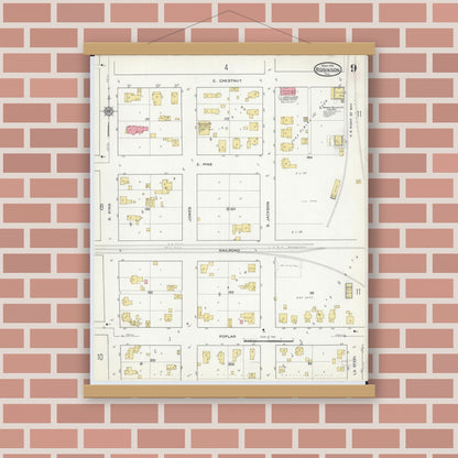 Old map wall art mockup — magnetic wood frame on brick wall — Sanborn Fire Insurance Map from Robinson, Crawford County, Illinois (1916), Sheet #0009