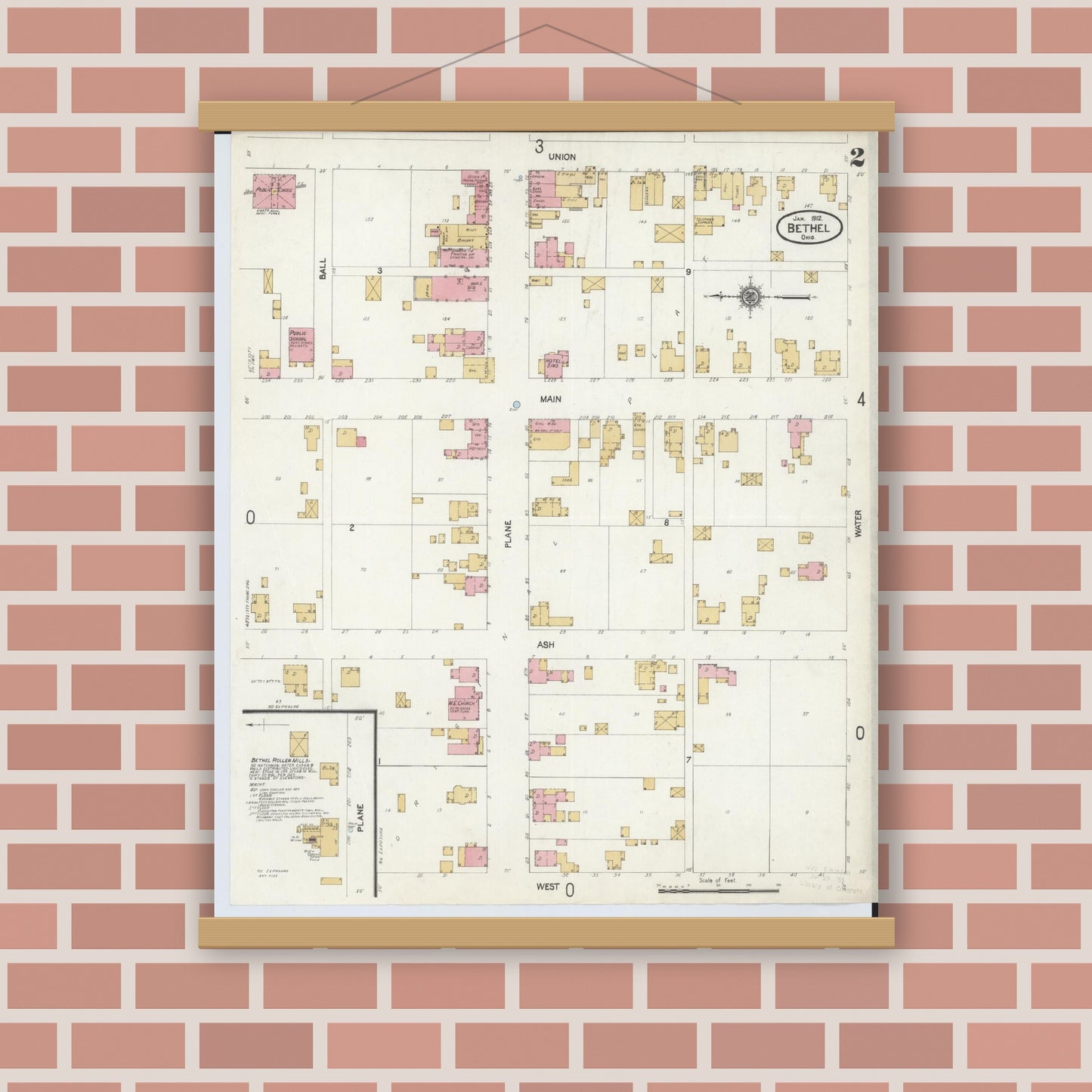 Old map wall art mockup — magnetic wood frame on brick wall — Sanborn Fire Insurance Map from Bethel, Clermont County, Ohio (1912), Sheet #0002