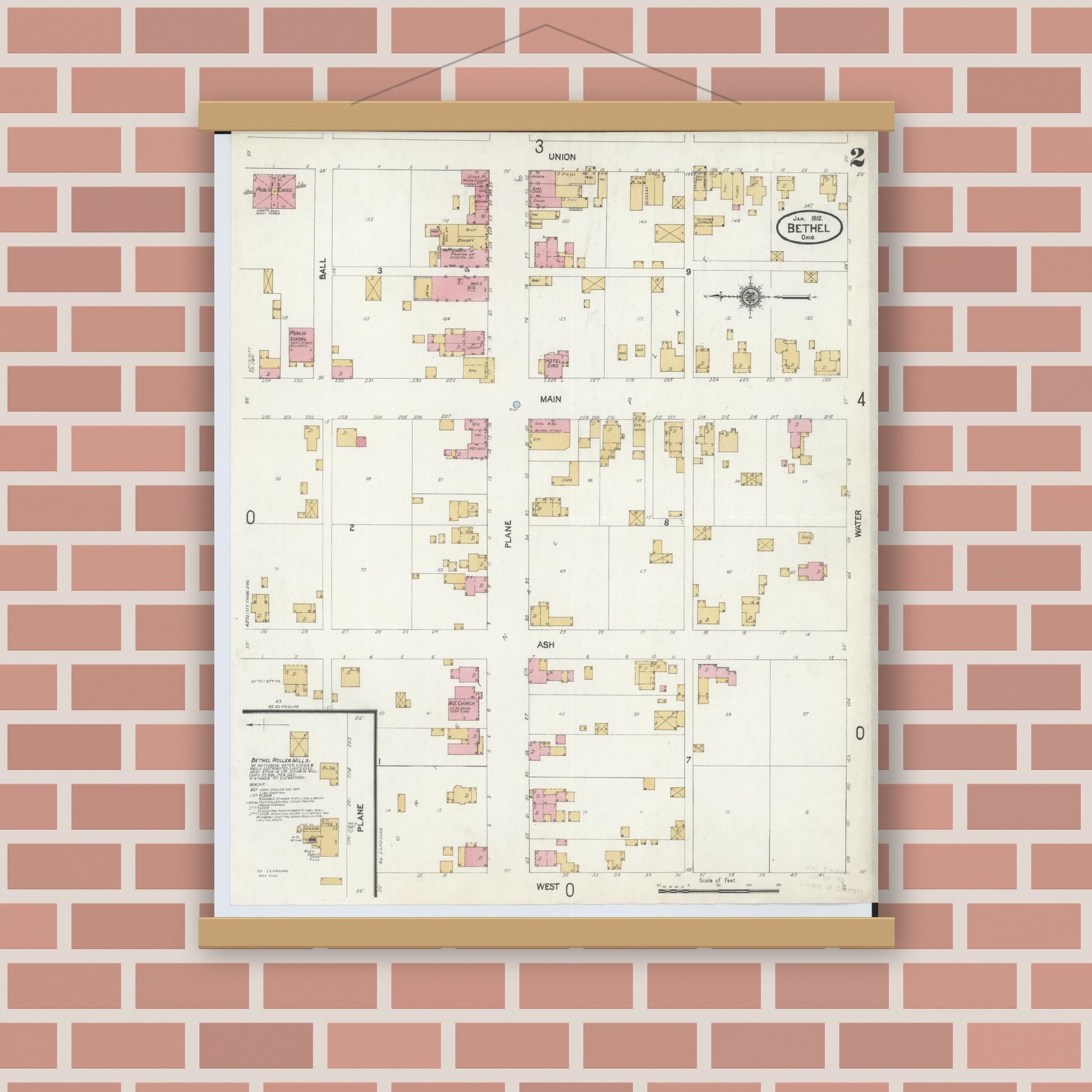 Old map wall art mockup — magnetic wood frame on brick wall — Sanborn Fire Insurance Map from Bethel, Clermont County, Ohio (1912), Sheet #0002