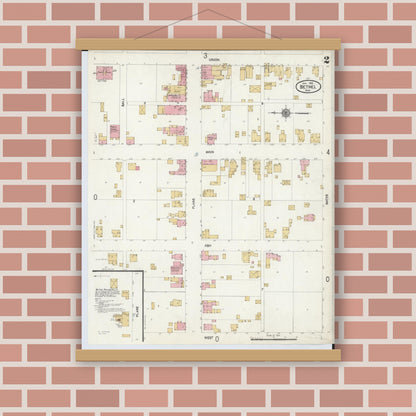 Old map wall art mockup — magnetic wood frame on brick wall — Sanborn Fire Insurance Map from Bethel, Clermont County, Ohio (1912), Sheet #0002