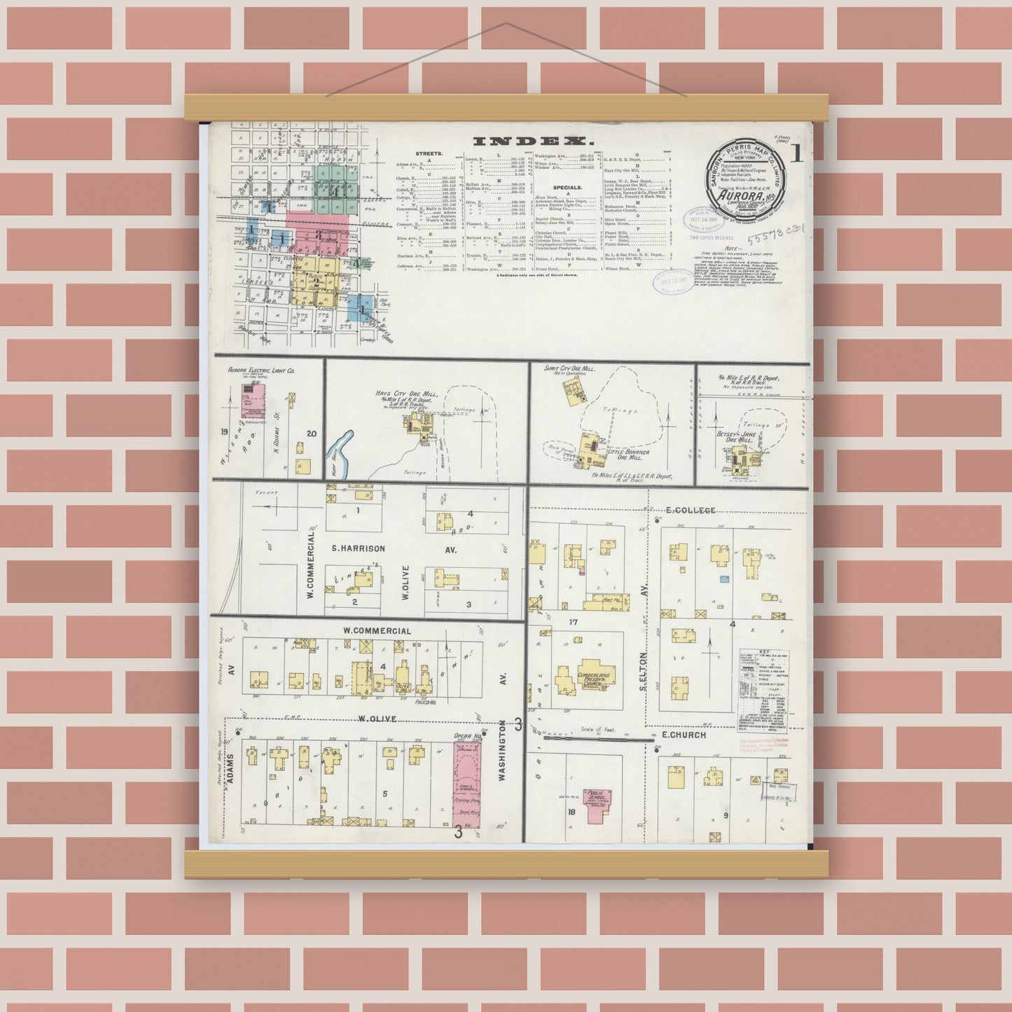 Old map wall art mockup — magnetic wood frame on brick wall — Sanborn Fire Insurance Map from Aurora, Lawrence County, Missouri (1897) - Complete Map Set