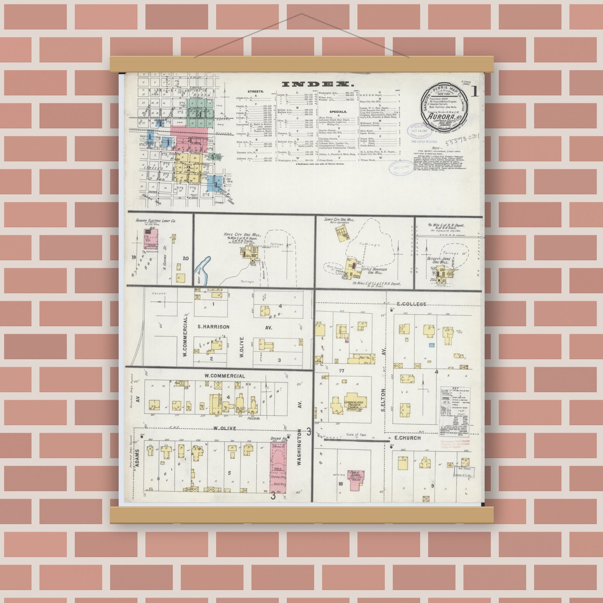 Old map wall art mockup — magnetic wood frame on brick wall — Sanborn Fire Insurance Map from Aurora, Lawrence County, Missouri (1897) - Complete Map Set