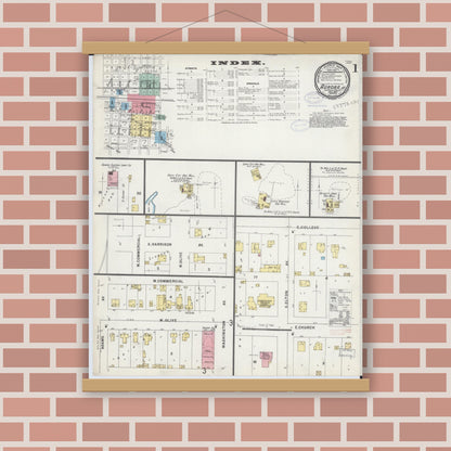 Old map wall art mockup — magnetic wood frame on brick wall — Sanborn Fire Insurance Map from Aurora, Lawrence County, Missouri (1897) - Complete Map Set
