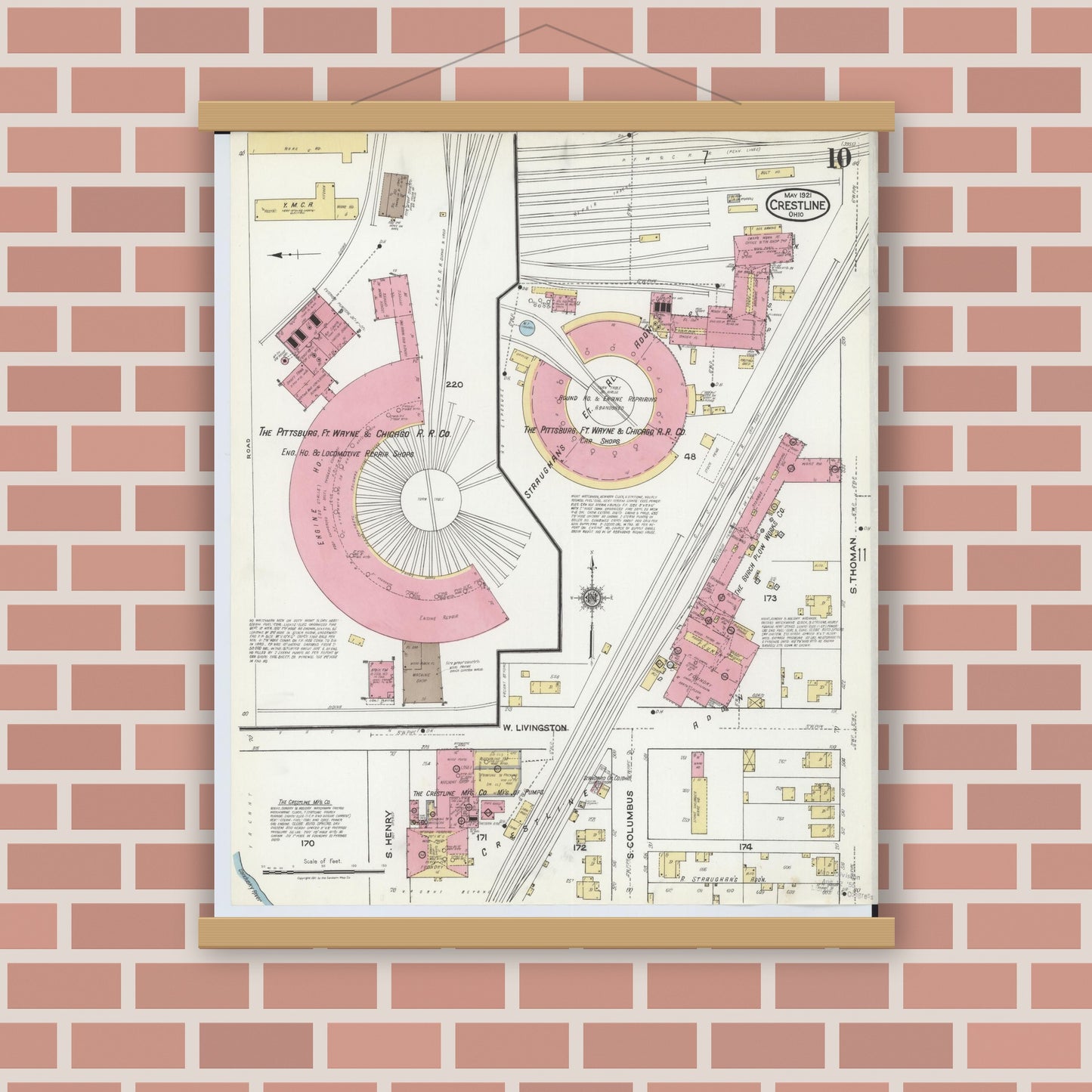 Old map wall art mockup — magnetic wood frame on brick wall — Sanborn Fire Insurance Map from Crestline, Crawford County, Ohio (1921), Sheet #0010